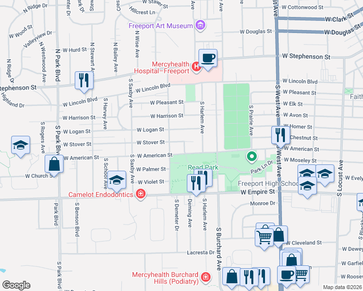 map of restaurants, bars, coffee shops, grocery stores, and more near 1130 West Stover Street in Freeport