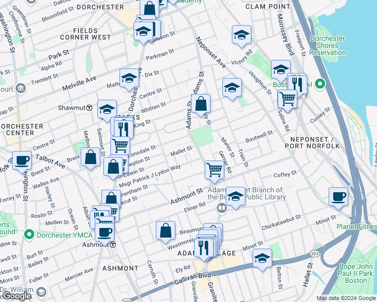 map of restaurants, bars, coffee shops, grocery stores, and more near 14 Mallet Street in Boston