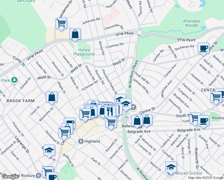map of restaurants, bars, coffee shops, grocery stores, and more near 25 Pierpont Road in Boston