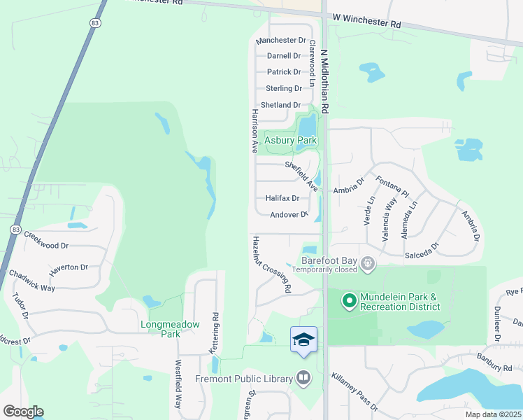 map of restaurants, bars, coffee shops, grocery stores, and more near 1404 Andover Drive in Mundelein