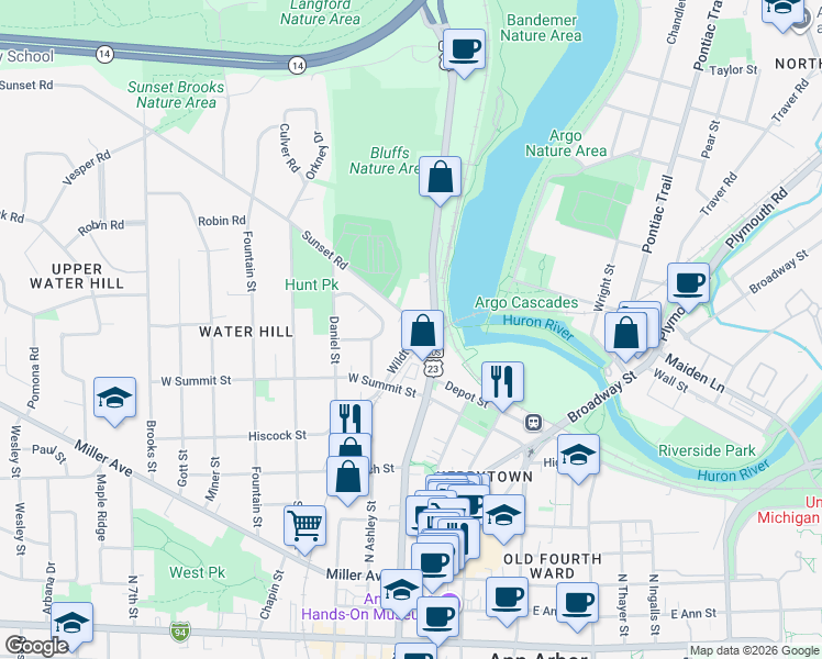 map of restaurants, bars, coffee shops, grocery stores, and more near 220 Sunset Road in Ann Arbor
