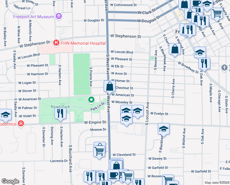 map of restaurants, bars, coffee shops, grocery stores, and more near 756 West Chestnut Street in Freeport