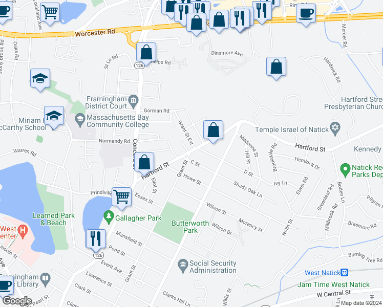 map of restaurants, bars, coffee shops, grocery stores, and more near 389 Grant Street in Framingham
