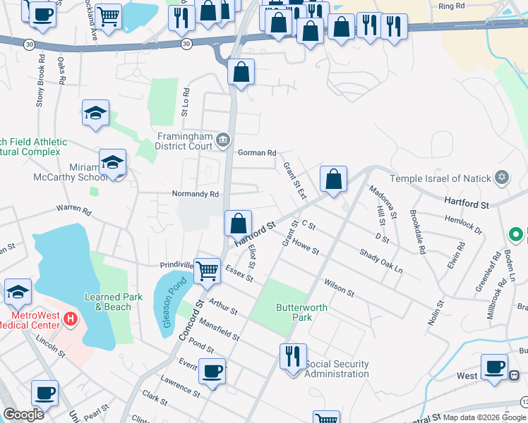 map of restaurants, bars, coffee shops, grocery stores, and more near 47 Harrison Street in Framingham