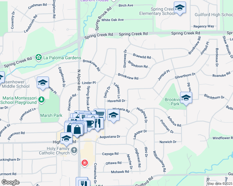 map of restaurants, bars, coffee shops, grocery stores, and more near 2114 Taliesen Lane in Rockford