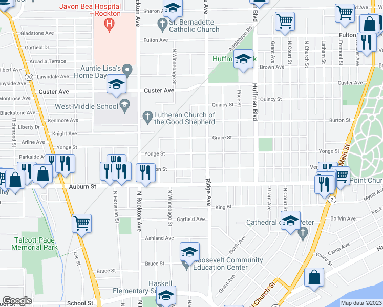 map of restaurants, bars, coffee shops, grocery stores, and more near 2200 Yonge St in Rockford