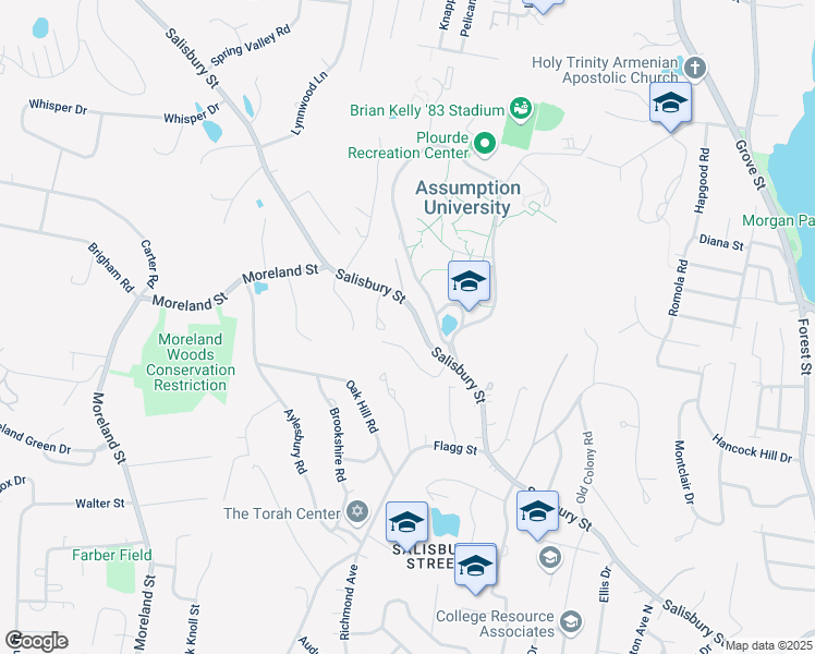 map of restaurants, bars, coffee shops, grocery stores, and more near 525 Salisbury Street in Worcester