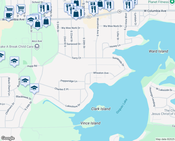 map of restaurants, bars, coffee shops, grocery stores, and more near 19 West Hazelwood Court in Battle Creek