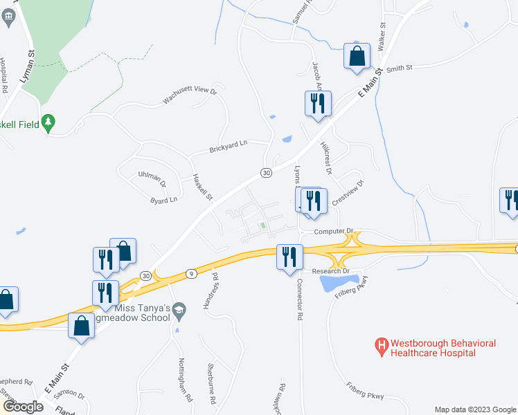 map of restaurants, bars, coffee shops, grocery stores, and more near 1211 Windsor Ridge Drive in Westborough
