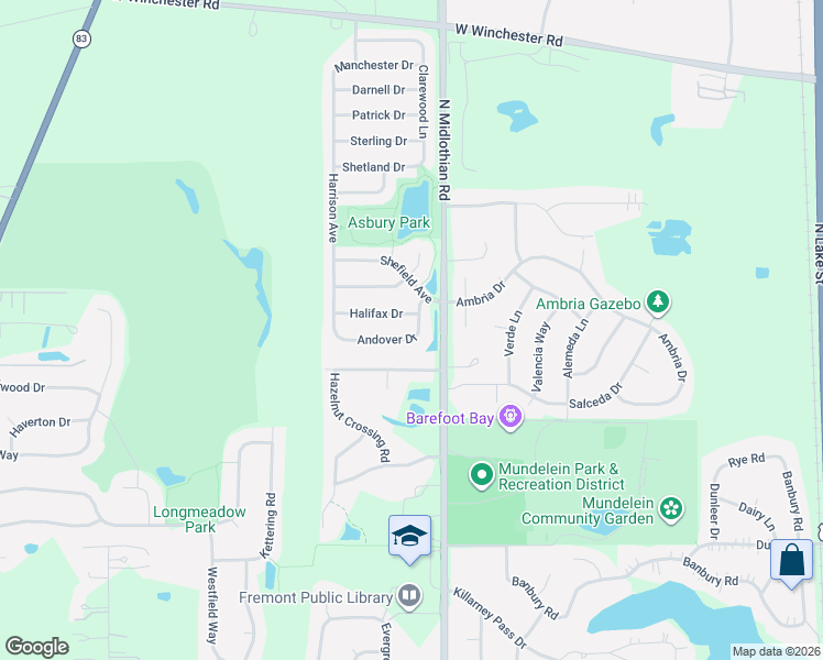map of restaurants, bars, coffee shops, grocery stores, and more near 1200 Halifax Drive in Mundelein