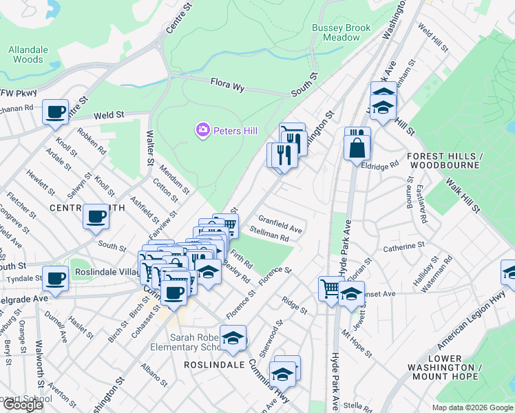 map of restaurants, bars, coffee shops, grocery stores, and more near 4075 Washington Street in Boston
