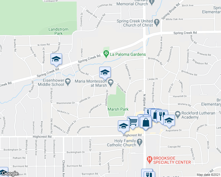 map of restaurants, bars, coffee shops, grocery stores, and more near 2021 Hawthorne Drive in Rockford