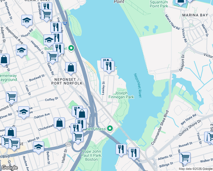 map of restaurants, bars, coffee shops, grocery stores, and more near 74 Lawley Street in Boston
