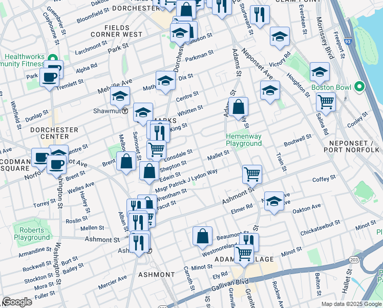 map of restaurants, bars, coffee shops, grocery stores, and more near 76 Lonsdale Street in Boston