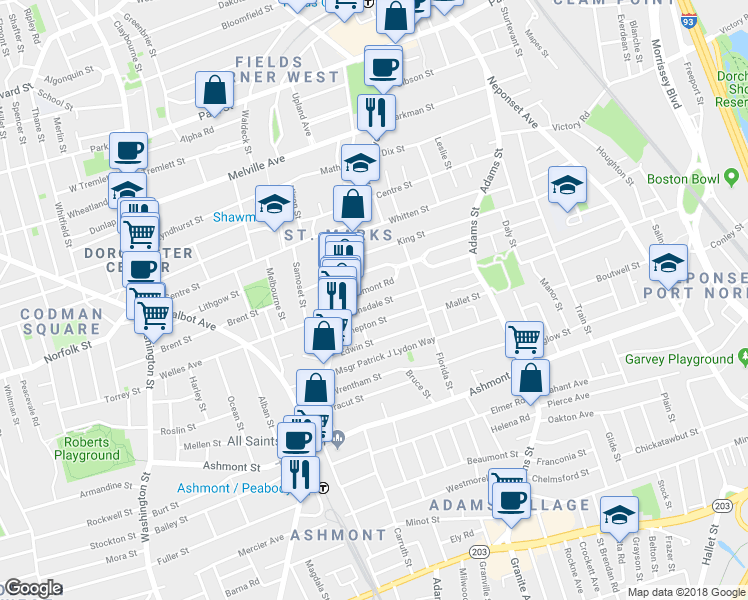 map of restaurants, bars, coffee shops, grocery stores, and more near 47 Semont Road in Boston