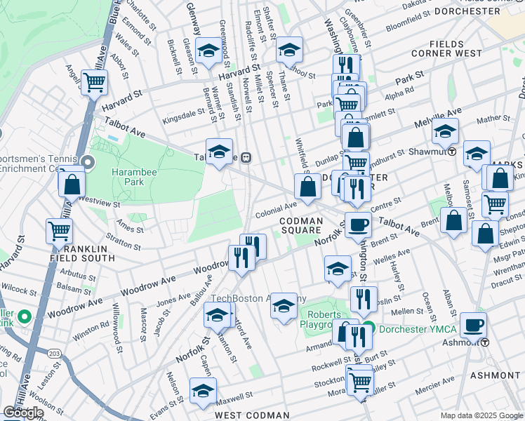 map of restaurants, bars, coffee shops, grocery stores, and more near 18-20 New England Avenue in Boston