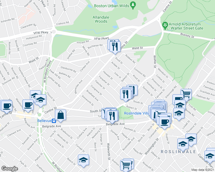map of restaurants, bars, coffee shops, grocery stores, and more near 85 Farquhar Street in Boston