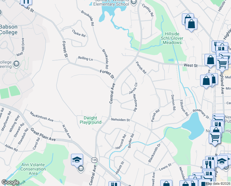 map of restaurants, bars, coffee shops, grocery stores, and more near 860 Central Avenue in Needham