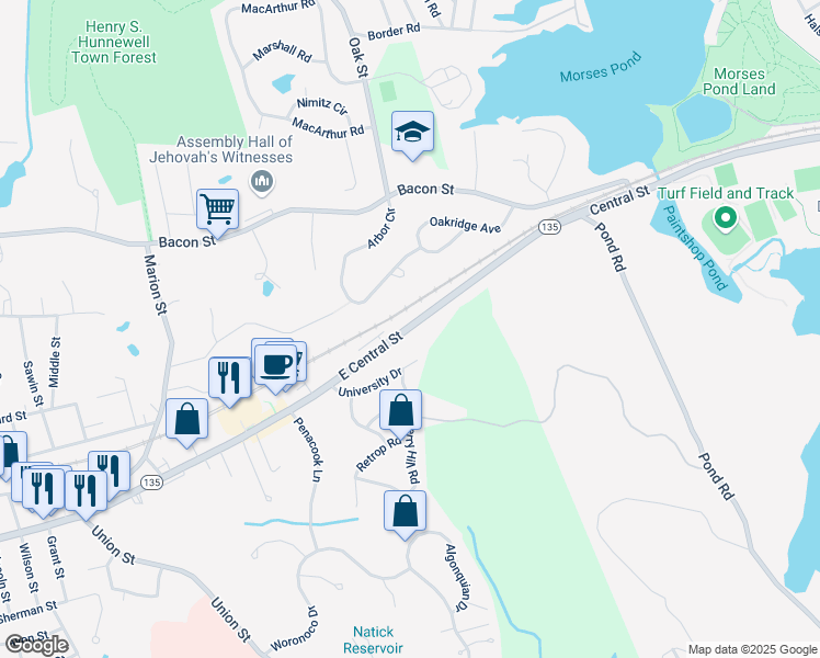 map of restaurants, bars, coffee shops, grocery stores, and more near 212 East Central Street in Natick
