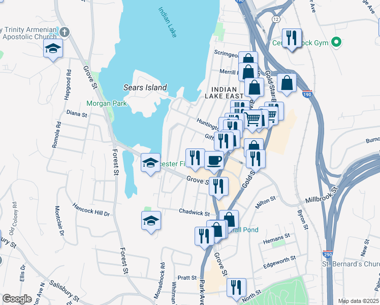 map of restaurants, bars, coffee shops, grocery stores, and more near 7 Ellestuen Road in Worcester