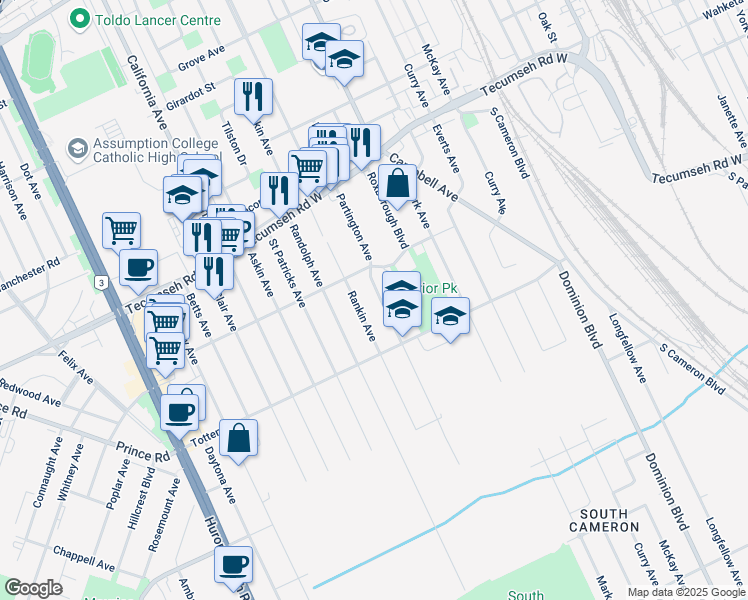 map of restaurants, bars, coffee shops, grocery stores, and more near 1619 Partington Avenue in Windsor