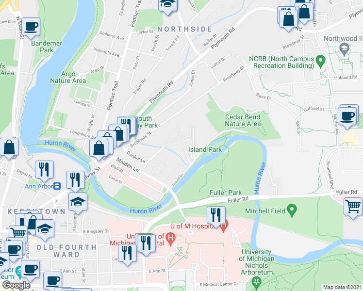map of restaurants, bars, coffee shops, grocery stores, and more near 1080 Nielsen Court in Ann Arbor