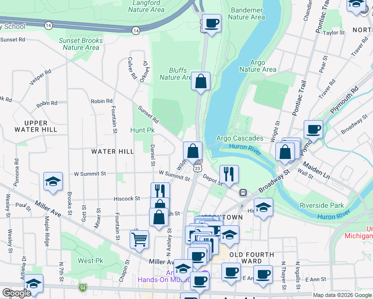 map of restaurants, bars, coffee shops, grocery stores, and more near 220 Sunset Road in Ann Arbor