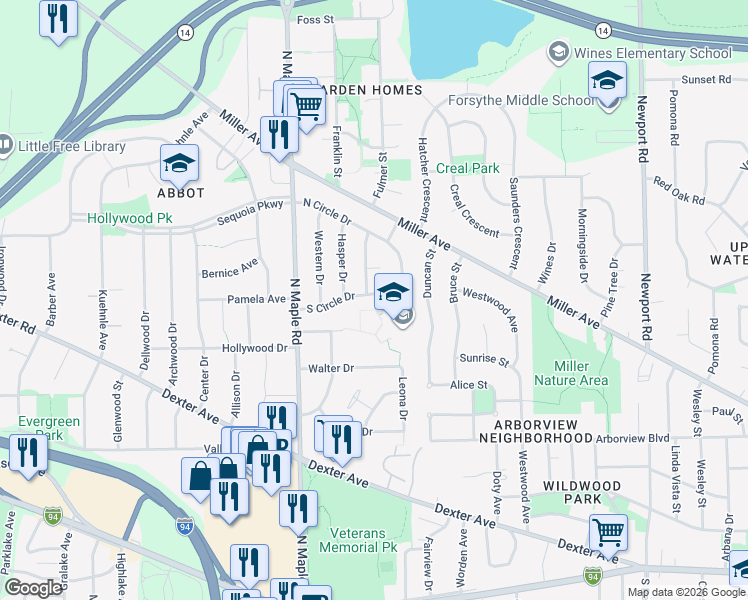 map of restaurants, bars, coffee shops, grocery stores, and more near 1025 Westaire Way in Ann Arbor