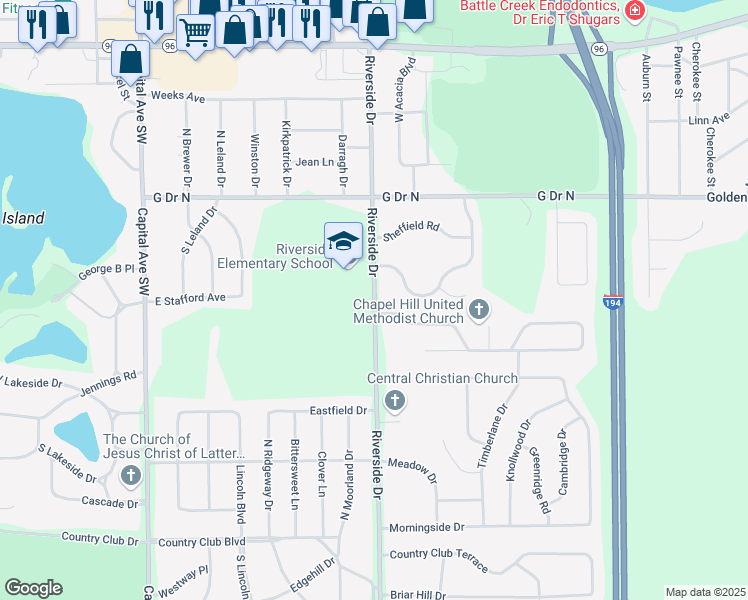 map of restaurants, bars, coffee shops, grocery stores, and more near 650 Riverside Drive in Battle Creek