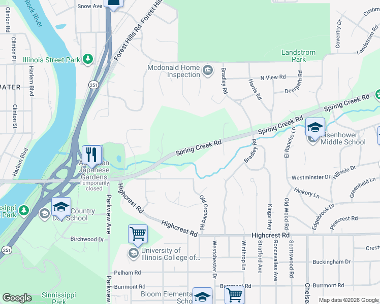map of restaurants, bars, coffee shops, grocery stores, and more near 2808 Spring Creek Road in Rockford