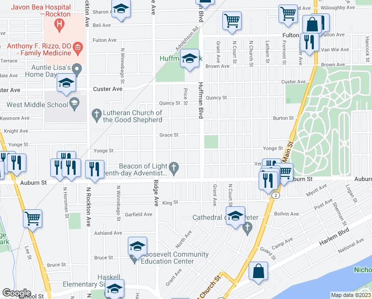 map of restaurants, bars, coffee shops, grocery stores, and more near 1900 Yonge Street in Rockford