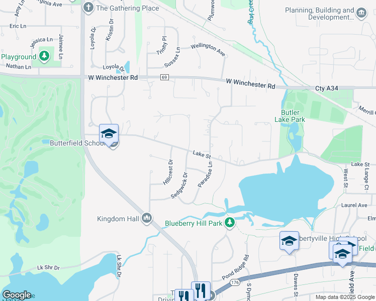 map of restaurants, bars, coffee shops, grocery stores, and more near 1100 Lake Street in Libertyville