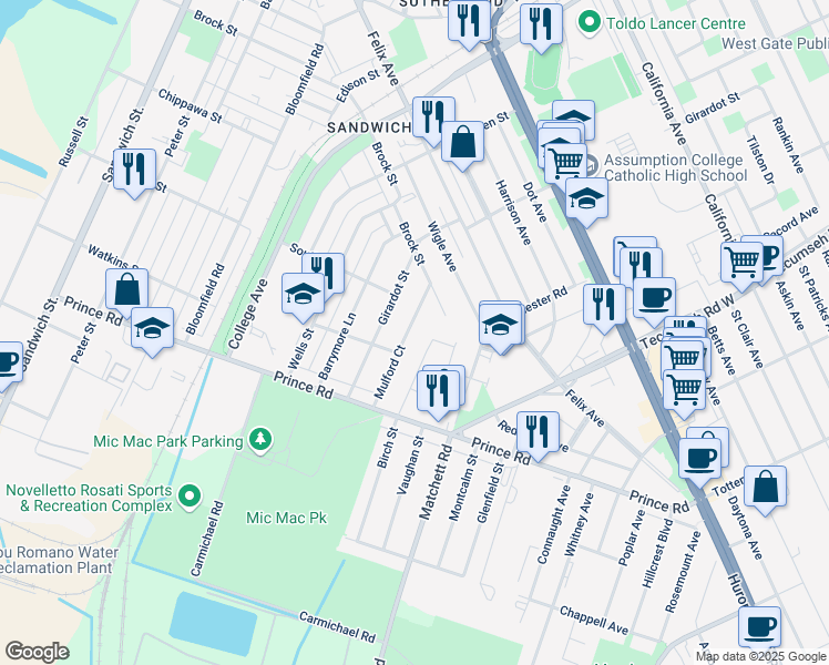 map of restaurants, bars, coffee shops, grocery stores, and more near 3555 Mulford Court in Windsor