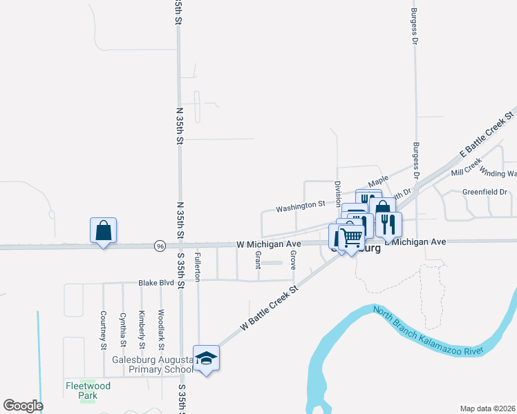 map of restaurants, bars, coffee shops, grocery stores, and more near 124 Washington Street in Galesburg