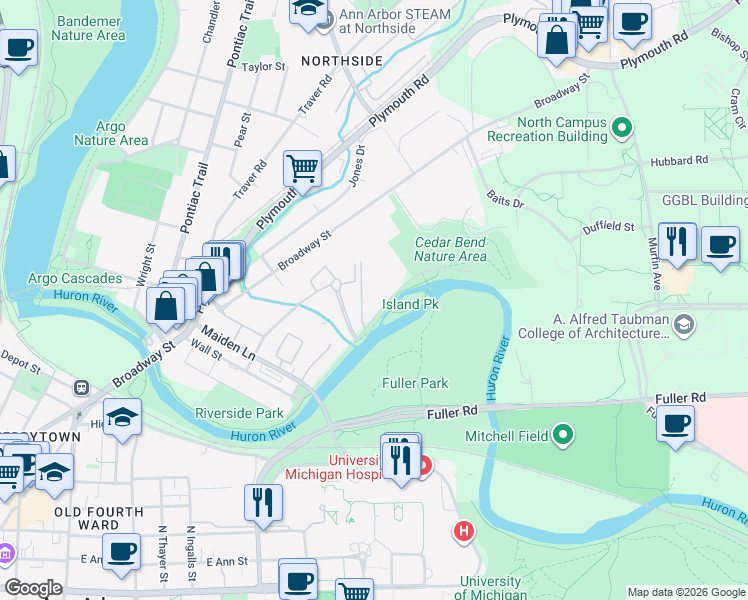 map of restaurants, bars, coffee shops, grocery stores, and more near 1257 Island Drive in Ann Arbor