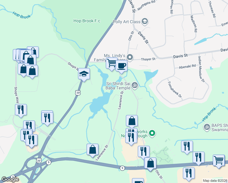 map of restaurants, bars, coffee shops, grocery stores, and more near 6 Hillside Road in Northborough