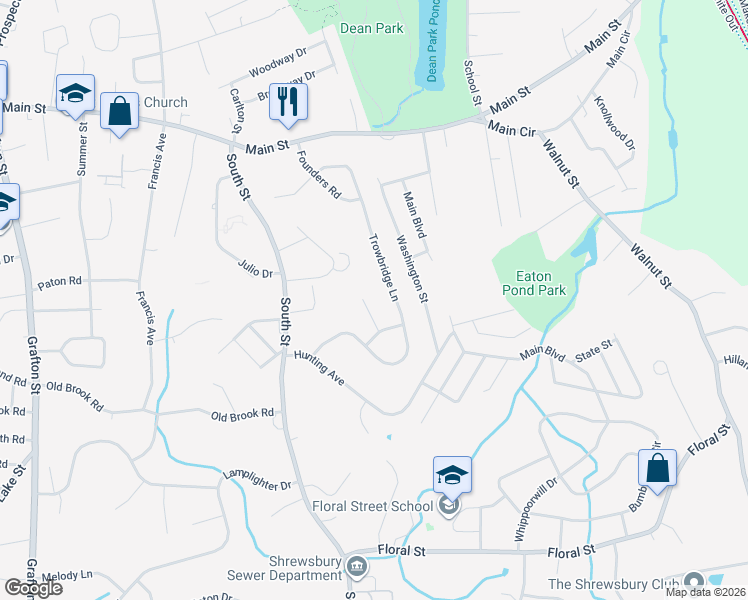 map of restaurants, bars, coffee shops, grocery stores, and more near 36 Trowbridge Lane in Shrewsbury