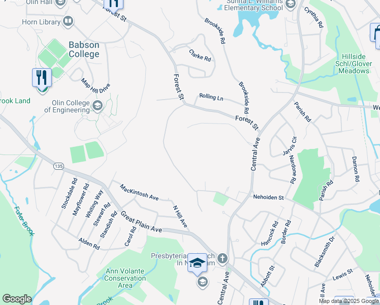 map of restaurants, bars, coffee shops, grocery stores, and more near 865 Central Avenue in Needham