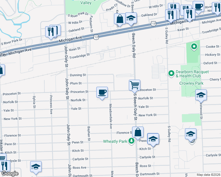 map of restaurants, bars, coffee shops, grocery stores, and more near 26118 Plum Street in Inkster