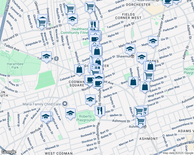 map of restaurants, bars, coffee shops, grocery stores, and more near 597 Washington Street in Boston