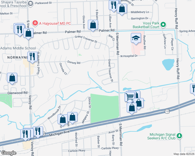 map of restaurants, bars, coffee shops, grocery stores, and more near 31520 Alpena Court in Westland