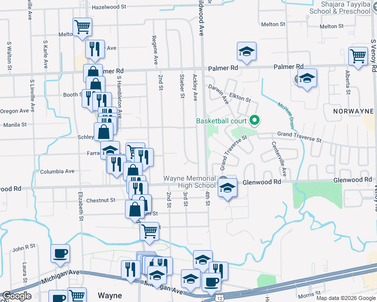 map of restaurants, bars, coffee shops, grocery stores, and more near 2464 Ackley Avenue in Westland