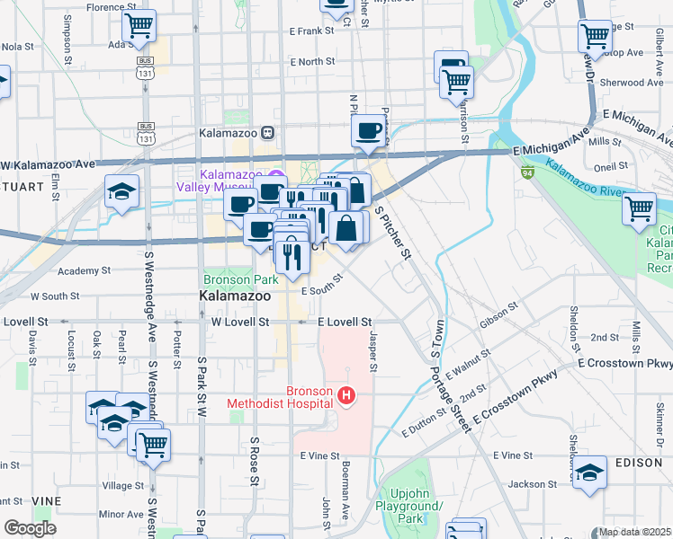 map of restaurants, bars, coffee shops, grocery stores, and more near 148 Portage Street in Kalamazoo