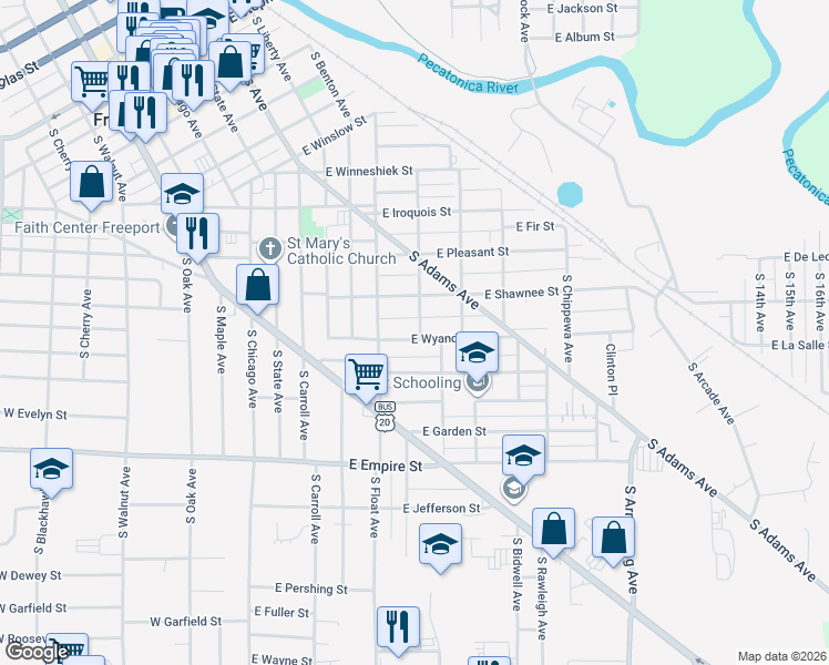 map of restaurants, bars, coffee shops, grocery stores, and more near 816 South Ottawa Avenue in Freeport