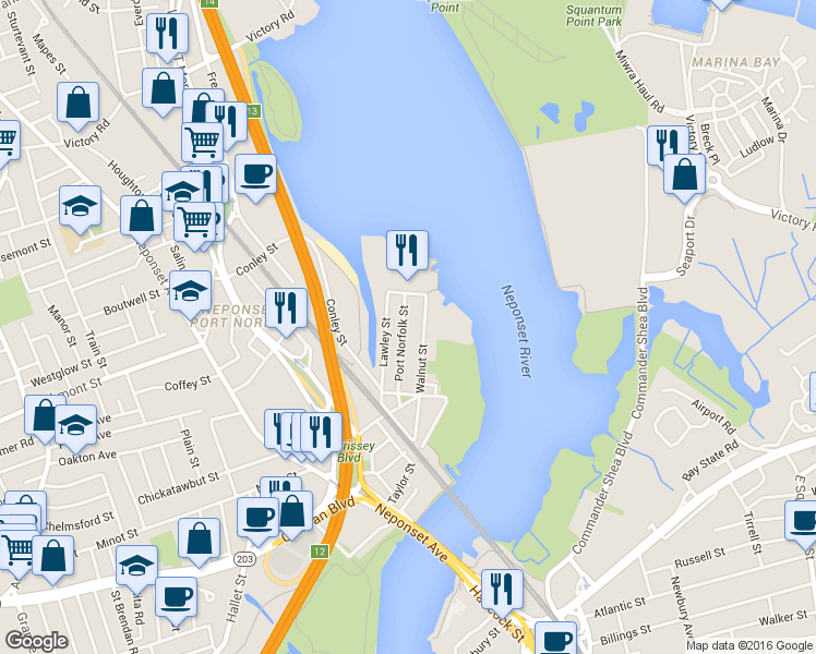 map of restaurants, bars, coffee shops, grocery stores, and more near 182 Walnut Street in Boston
