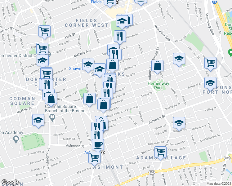 map of restaurants, bars, coffee shops, grocery stores, and more near 1726 Dorchester Avenue in Boston