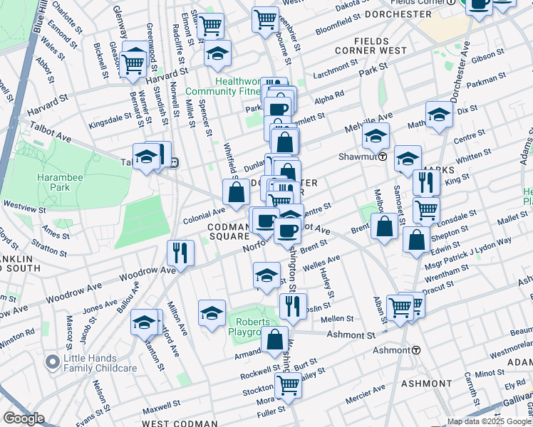 map of restaurants, bars, coffee shops, grocery stores, and more near 11 Hopestill Street in Boston