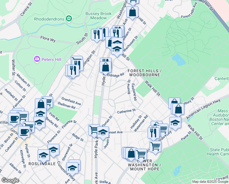 map of restaurants, bars, coffee shops, grocery stores, and more near 14 Bournedale Road in Boston