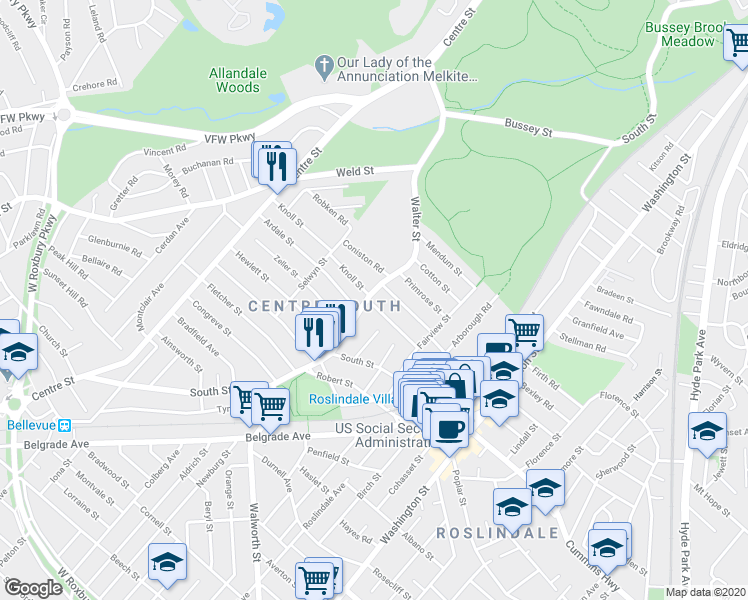 map of restaurants, bars, coffee shops, grocery stores, and more near 10 Knoll Street in Boston