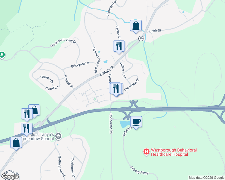 map of restaurants, bars, coffee shops, grocery stores, and more near 9 Lyons Street in Westborough